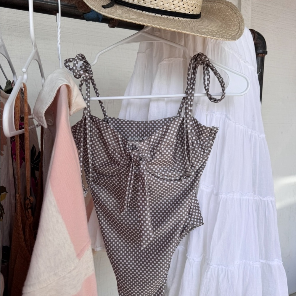 Polka Dot Tie-Strap One-Piece Swimsuit in Taupe